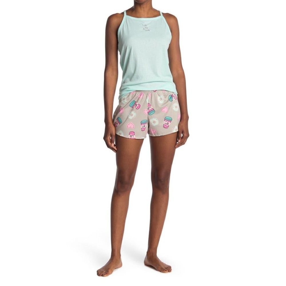 PJ Couture Womens Blue Pink Graphic Tank Top Shorts 2 Pc Pajamas Set Sz L New